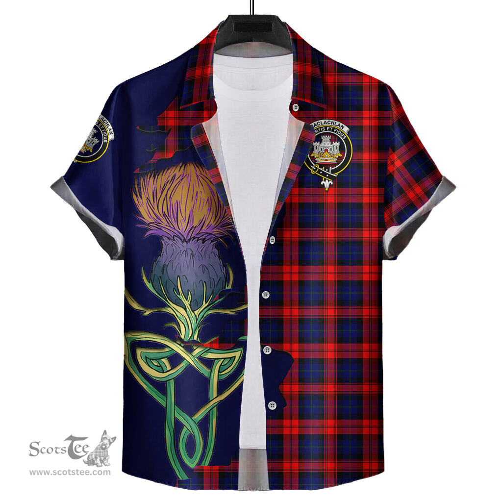 Scottish MacLachlan Modern Clan Tartan Crest with Thistle and Scotland Map Tartan Plaid Shirt Scottish Plaid Tartan Plaid - ScotsTee - scotstee.com