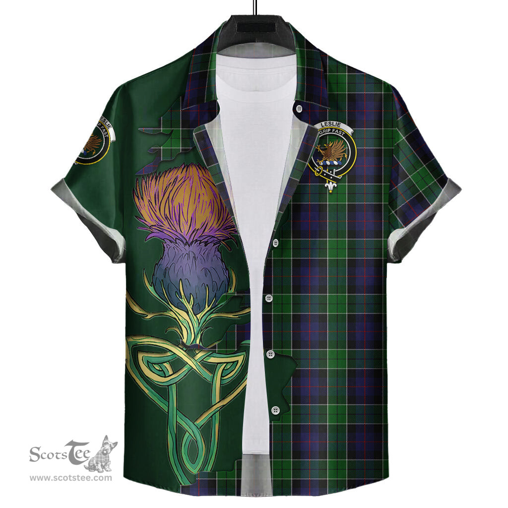 Scottish Leslie Hunting Clan Tartan Crest with Thistle and Scotland Map Tartan Plaid Shirt Scottish Plaid Tartan Plaid - ScotsTee - scotstee.com