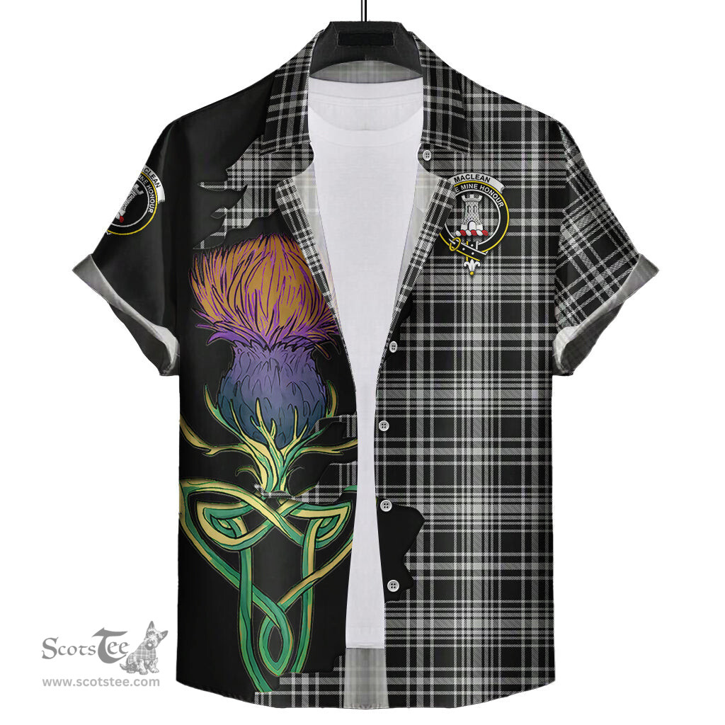 Scottish MacLean Black and White Clan Tartan Crest with Thistle and Scotland Map Tartan Plaid Shirt Scottish Plaid Tartan Plaid - ScotsTee - scotstee.com