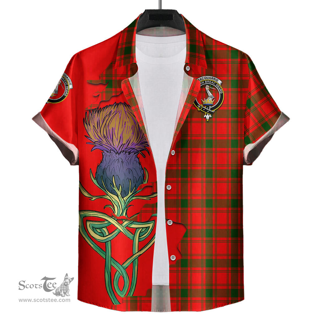 Scottish MacQuarrie Modern Clan Tartan Crest with Thistle and Scotland Map Tartan Plaid Shirt Scottish Plaid Tartan Plaid - ScotsTee - scotstee.com