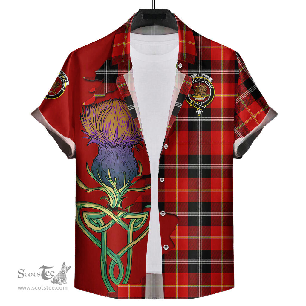 Scottish Majoribanks Clan Tartan Crest with Thistle and Scotland Map Tartan Plaid Shirt Scottish Plaid Tartan Plaid - ScotsTee - scotstee.com