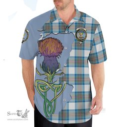 Scottish Stewart Muted Blue Clan Tartan Crest with Thistle and Scotland Map Tartan Plaid Shirt Scottish Plaid Tartan Plaid - ScotsTee - scotstee.com