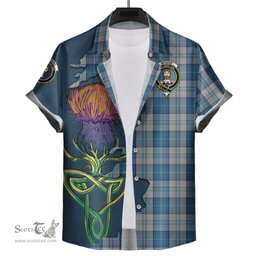 Scottish Menzies Dress Blue and White Clan Tartan Crest with Thistle and Scotland Map Tartan Plaid Shirt Scottish Plaid Tartan Plaid - ScotsTee - scotstee.com