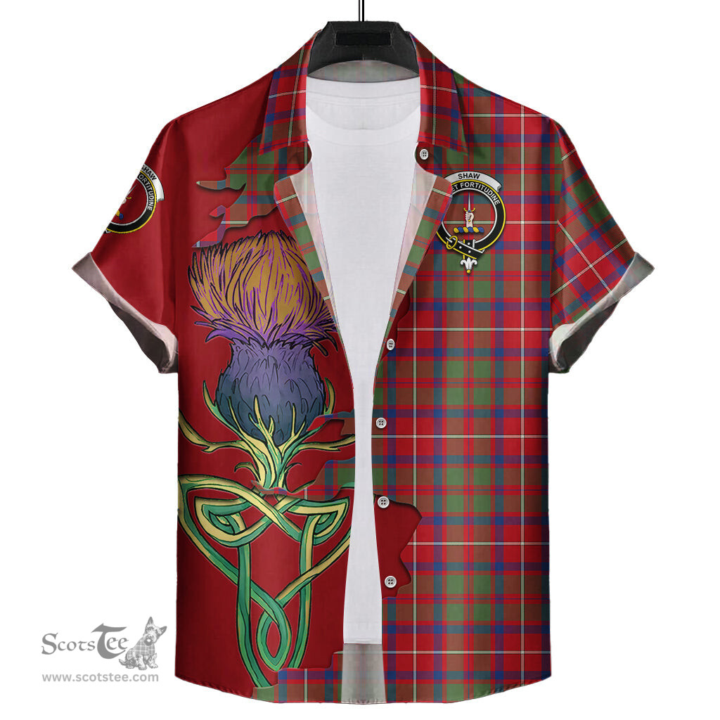 Scottish Shaw Red Modern Clan Tartan Crest with Thistle and Scotland Map Tartan Plaid Shirt Scottish Plaid Tartan Plaid - ScotsTee - scotstee.com