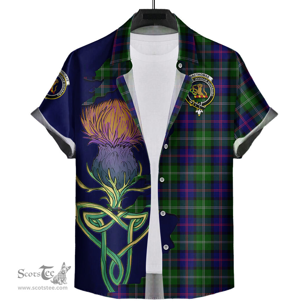 Scottish MacThomas Modern Clan Tartan Crest with Thistle and Scotland Map Tartan Plaid Shirt Scottish Plaid Tartan Plaid - ScotsTee - scotstee.com
