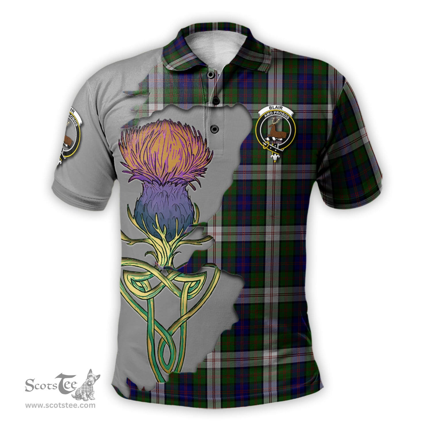 Scottish Blair Dress Clan Tartan with Thistle and Scotland Map Tartan Plaid Polo Shirt Scottish Plaid Tartan Plaid - ScotsTee - scotstee.com
