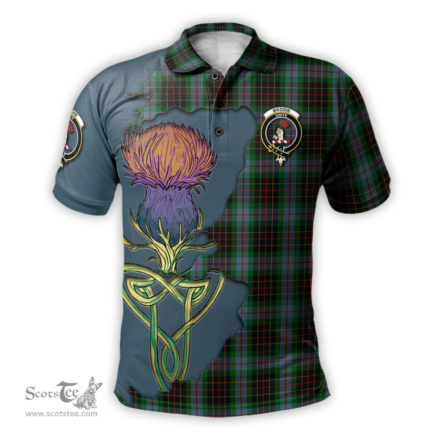 Scottish Brodie Hunting Clan Tartan with Thistle and Scotland Map Tartan Plaid Polo Shirt Scottish Plaid Tartan Plaid - ScotsTee - scotstee.com