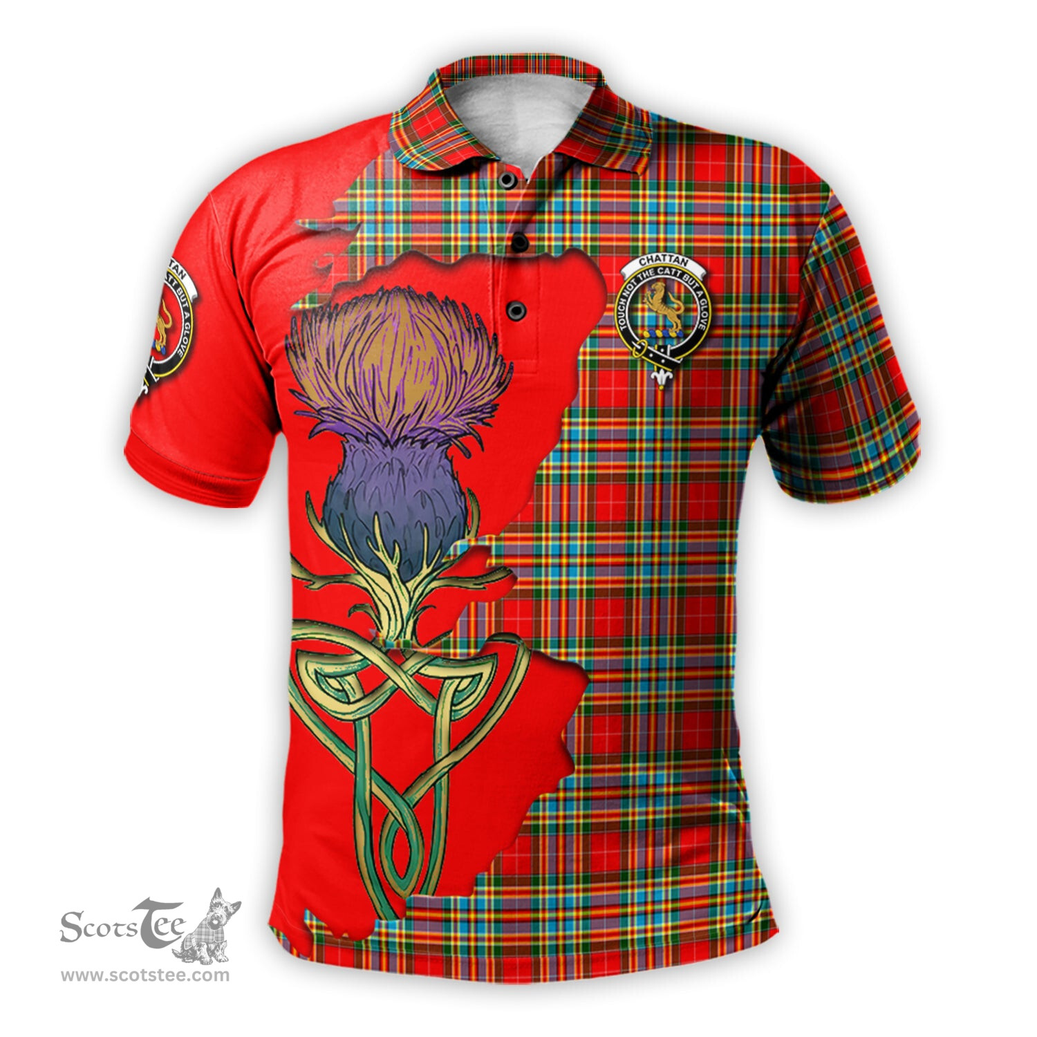 Scottish Chattan Clan Tartan with Thistle and Scotland Map Tartan Plaid Polo Shirt Scottish Plaid Tartan Plaid - ScotsTee - scotstee.com