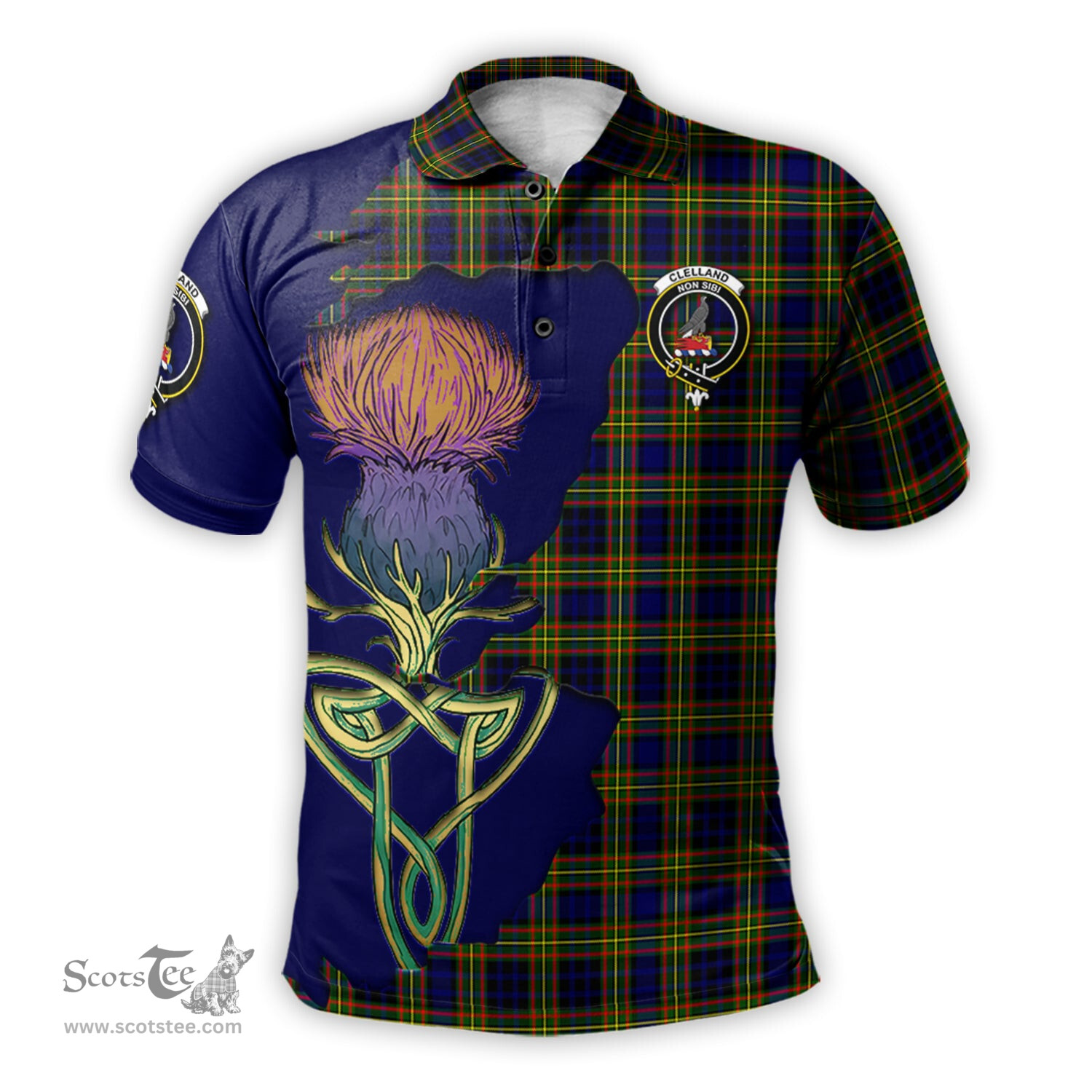Scottish Clelland Modern Clan Tartan with Thistle and Scotland Map Tartan Plaid Polo Shirt Scottish Plaid Tartan Plaid - ScotsTee - scotstee.com