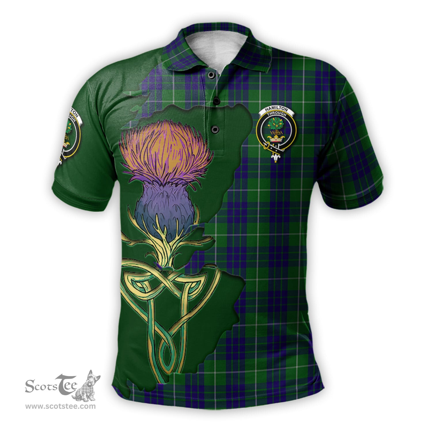 Scottish Hamilton Green Hunting Clan Tartan with Thistle and Scotland Map Tartan Plaid Polo Shirt Scottish Plaid Tartan Plaid - ScotsTee - scotstee.com