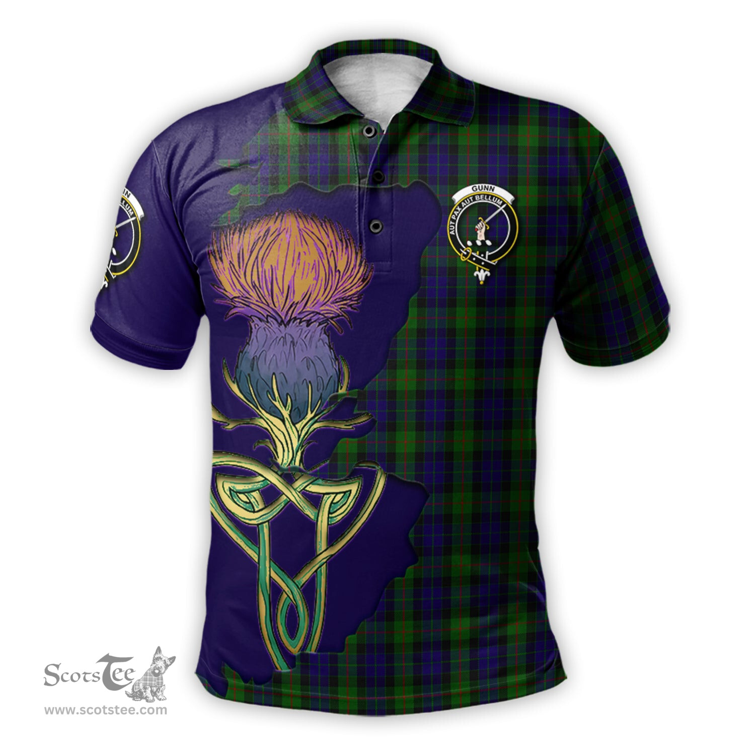 Scottish Gunn Clan Tartan with Thistle and Scotland Map Tartan Plaid Polo Shirt Scottish Plaid Tartan Plaid - ScotsTee - scotstee.com