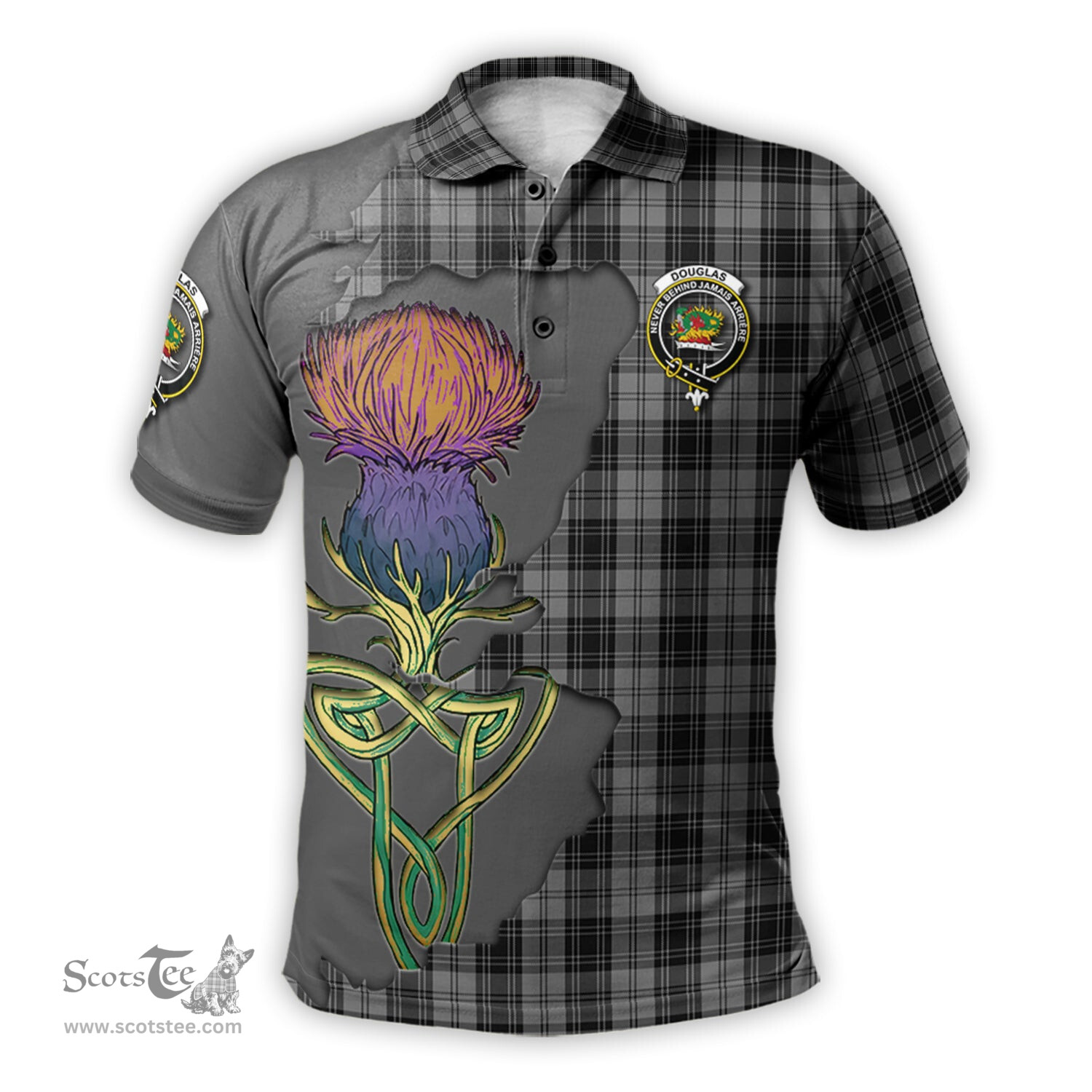 Scottish Douglas Grey Clan Tartan with Thistle and Scotland Map Tartan Plaid Polo Shirt Scottish Plaid Tartan Plaid - ScotsTee - scotstee.com