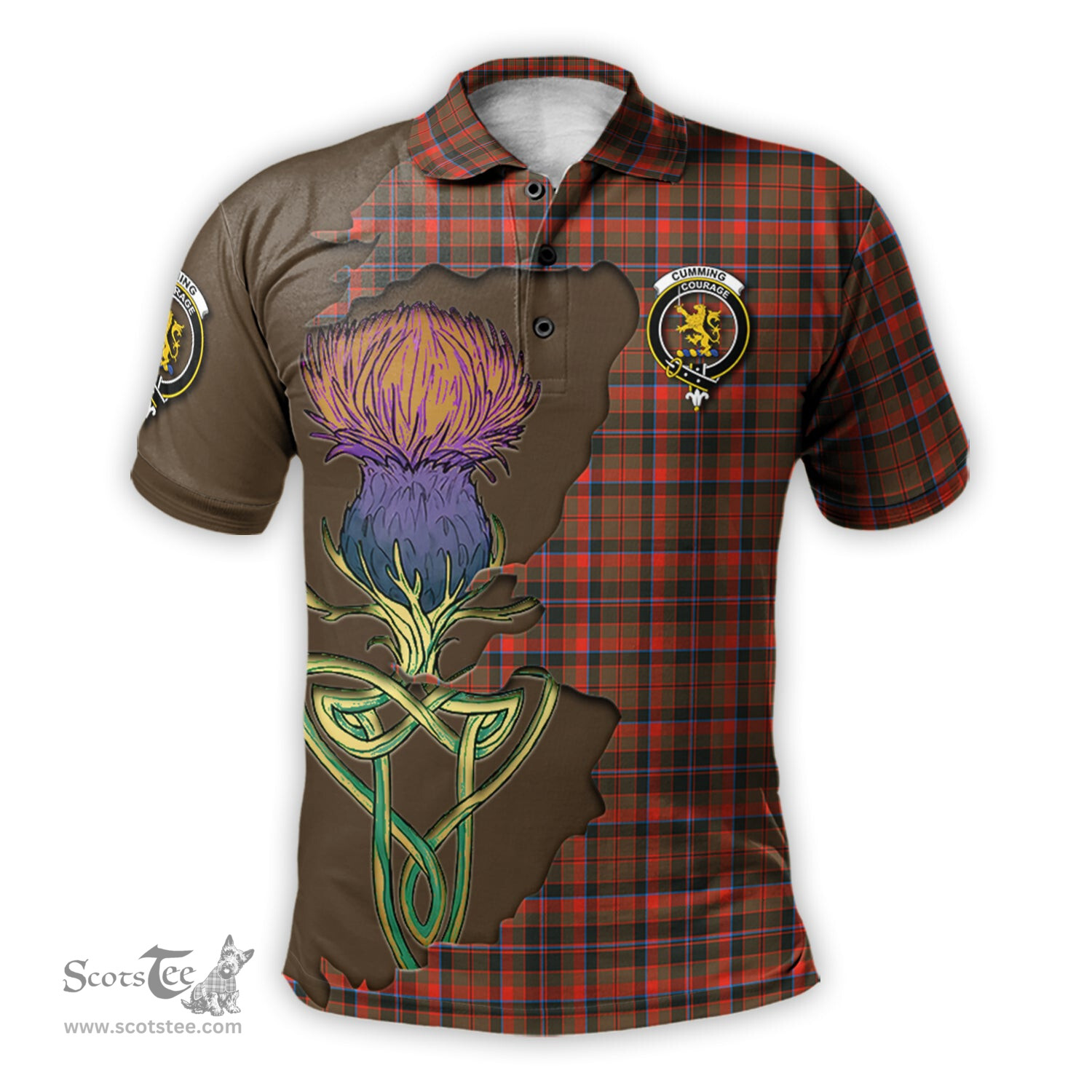 Scottish Cumming Hunting Weathered Clan Tartan with Thistle and Scotland Map Tartan Plaid Polo Shirt Scottish Plaid Tartan Plaid - ScotsTee - scotstee.com