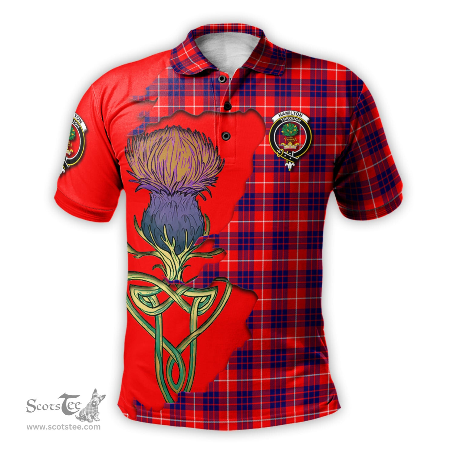 Scottish Hamilton Modern Clan Tartan with Thistle and Scotland Map Tartan Plaid Polo Shirt Scottish Plaid Tartan Plaid - ScotsTee - scotstee.com