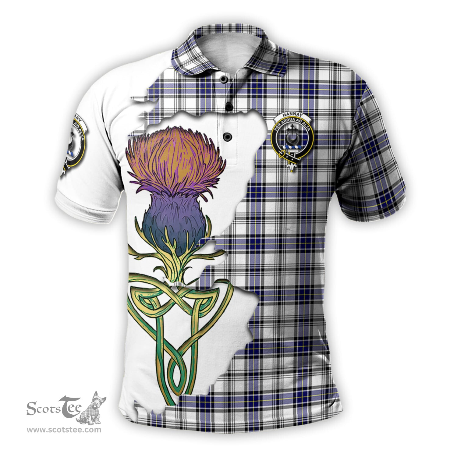 Scottish Hannay Modern Clan Tartan with Thistle and Scotland Map Tartan Plaid Polo Shirt Scottish Plaid Tartan Plaid - ScotsTee - scotstee.com