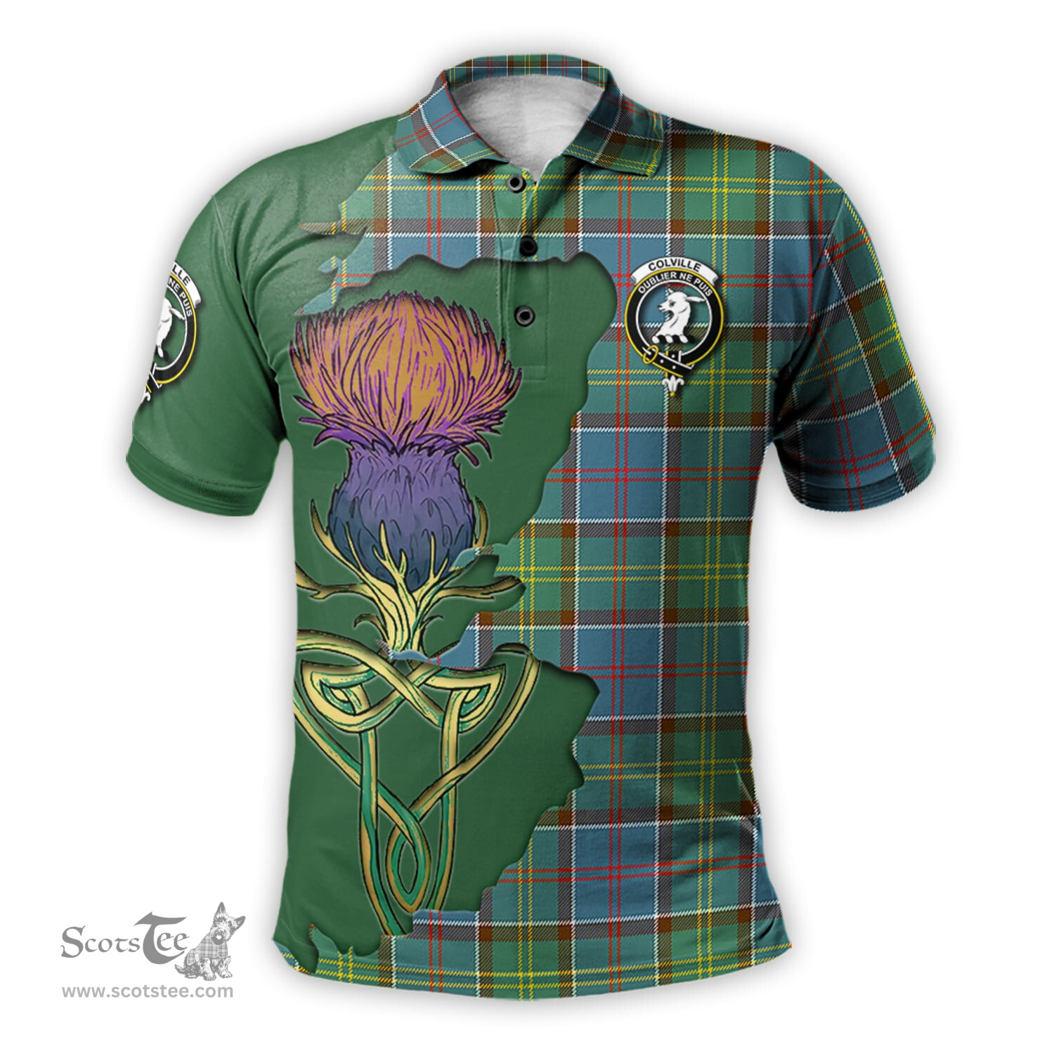 Scottish Colville Clan Tartan with Thistle and Scotland Map Tartan Plaid Polo Shirt Scottish Plaid Tartan Plaid - ScotsTee - scotstee.com