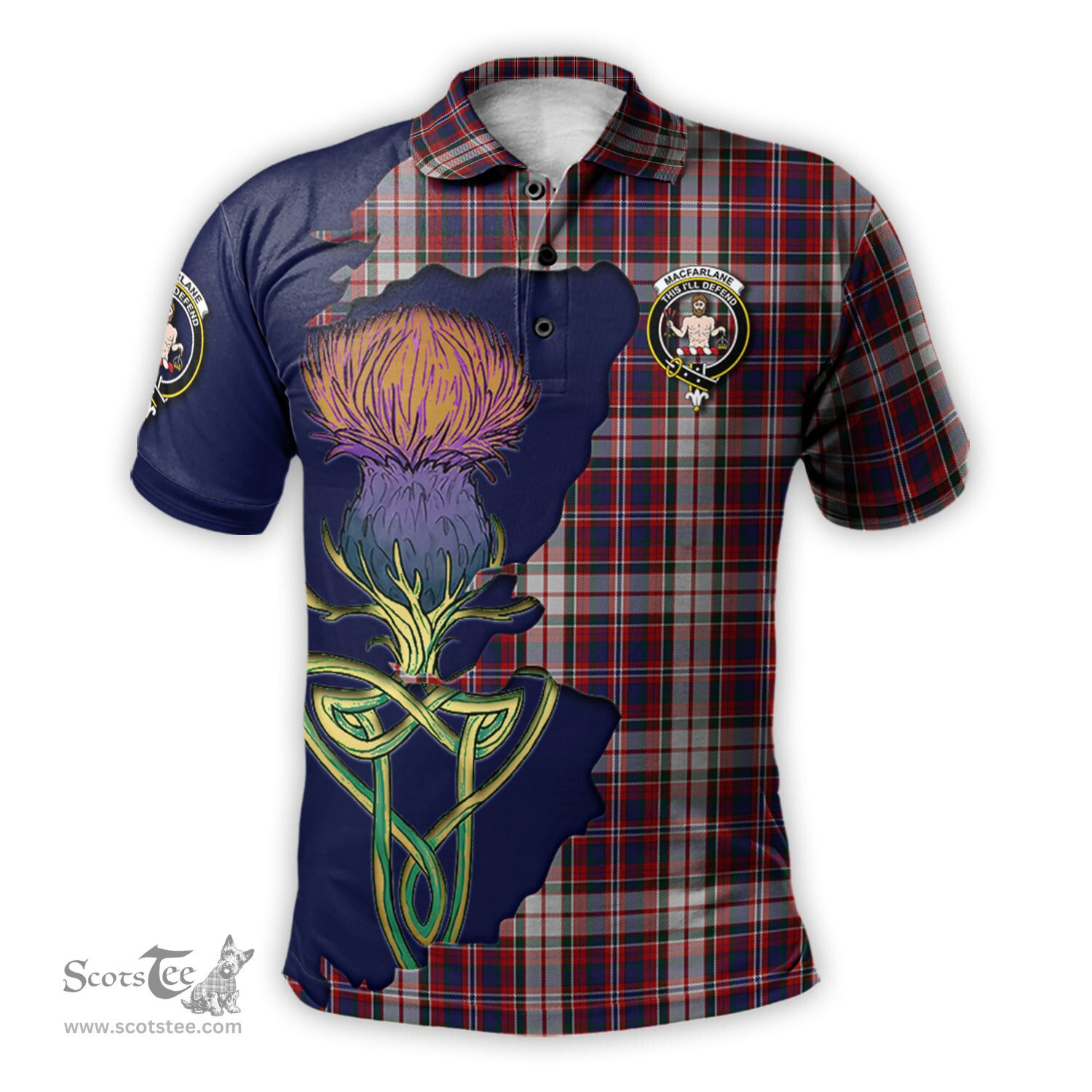 Scottish MacFarlane Dress Clan Tartan with Thistle and Scotland Map Tartan Plaid Polo Shirt Scottish Plaid Tartan Plaid - ScotsTee - scotstee.com