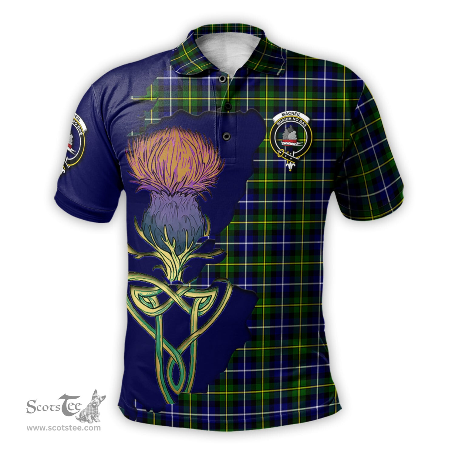 Scottish MacNeil of Barra Modern Clan Tartan with Thistle and Scotland Map Tartan Plaid Polo Shirt Scottish Plaid Tartan Plaid - ScotsTee - scotstee.com