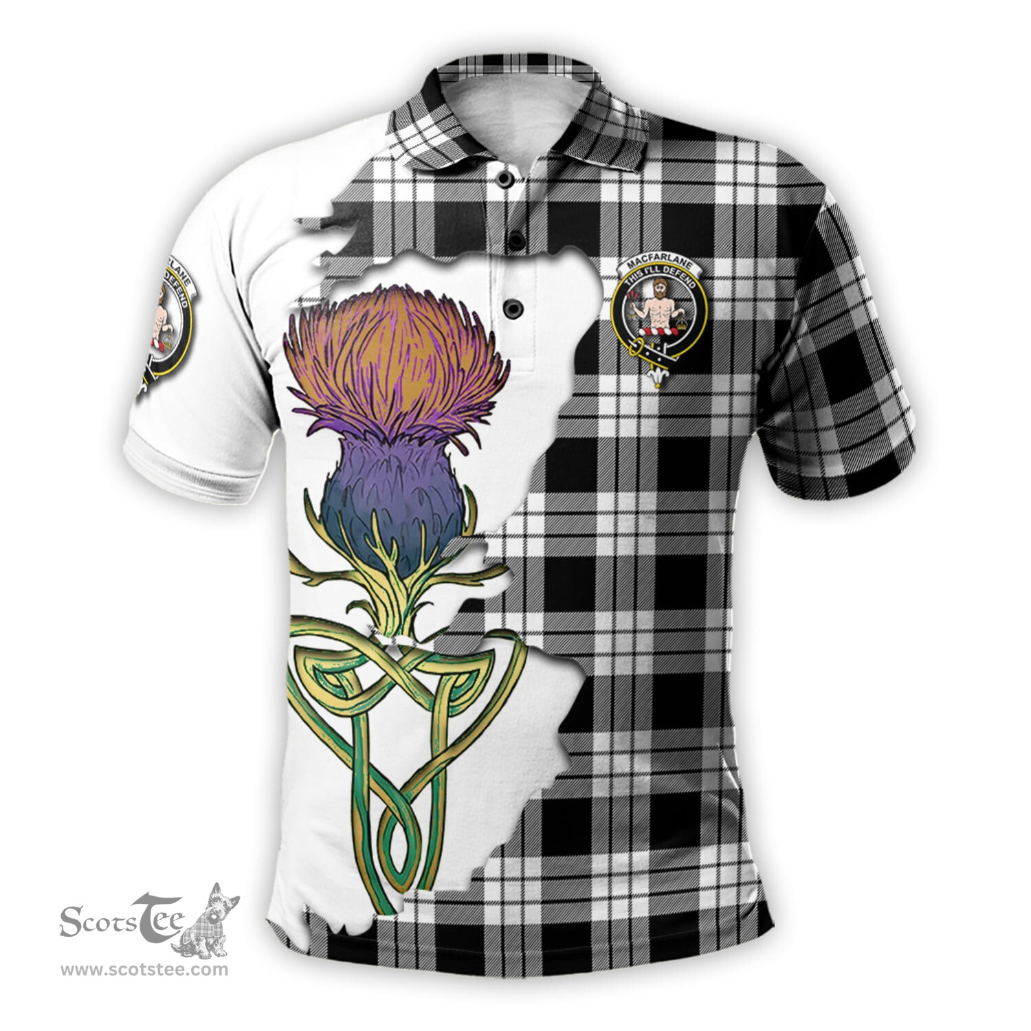 Scottish MacFarlane Black White Clan Tartan with Thistle and Scotland Map Tartan Plaid Polo Shirt Scottish Plaid Tartan Plaid - ScotsTee - scotstee.com