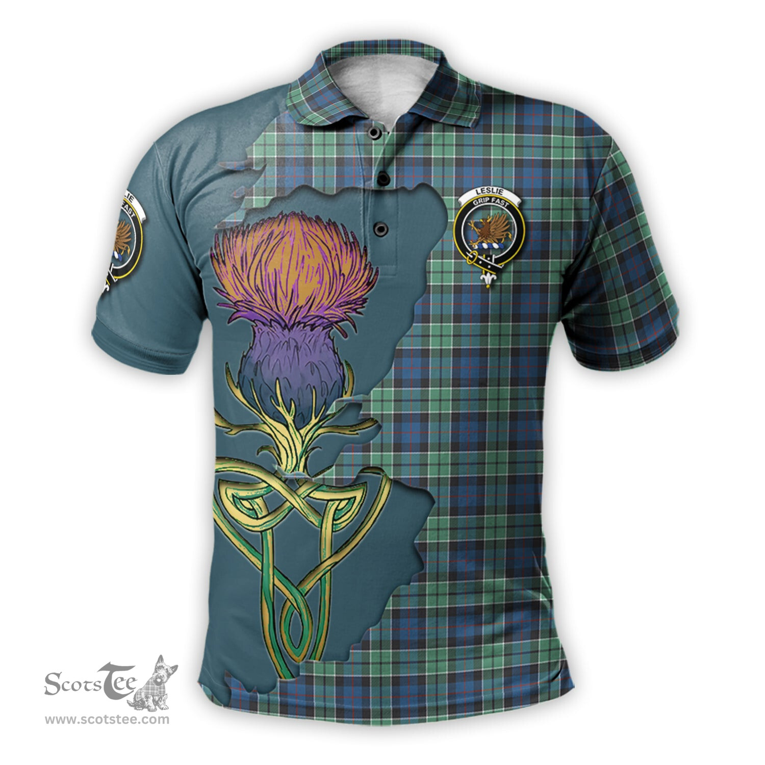 Scottish Leslie Hunting Ancient Clan Tartan with Thistle and Scotland Map Tartan Plaid Polo Shirt Scottish Plaid Tartan Plaid - ScotsTee - scotstee.com