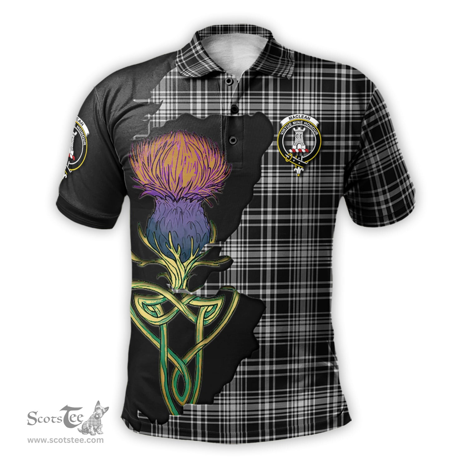 Scottish MacLean Black and White Clan Tartan with Thistle and Scotland Map Tartan Plaid Polo Shirt Scottish Plaid Tartan Plaid - ScotsTee - scotstee.com