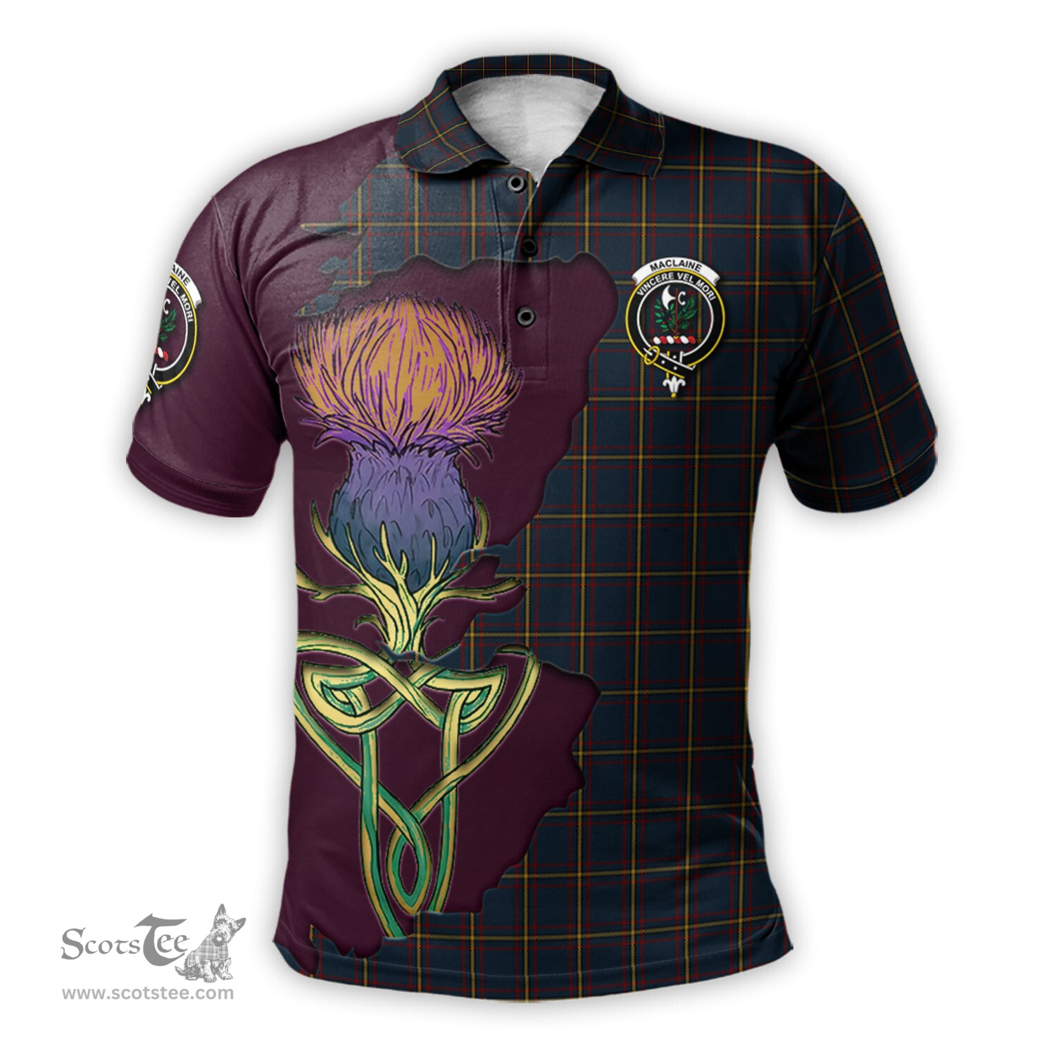 Scottish MacLaine of Lochbuie Hunting Clan Tartan with Thistle and Scotland Map Tartan Plaid Polo Shirt Scottish Plaid Tartan Plaid - ScotsTee - scotstee.com