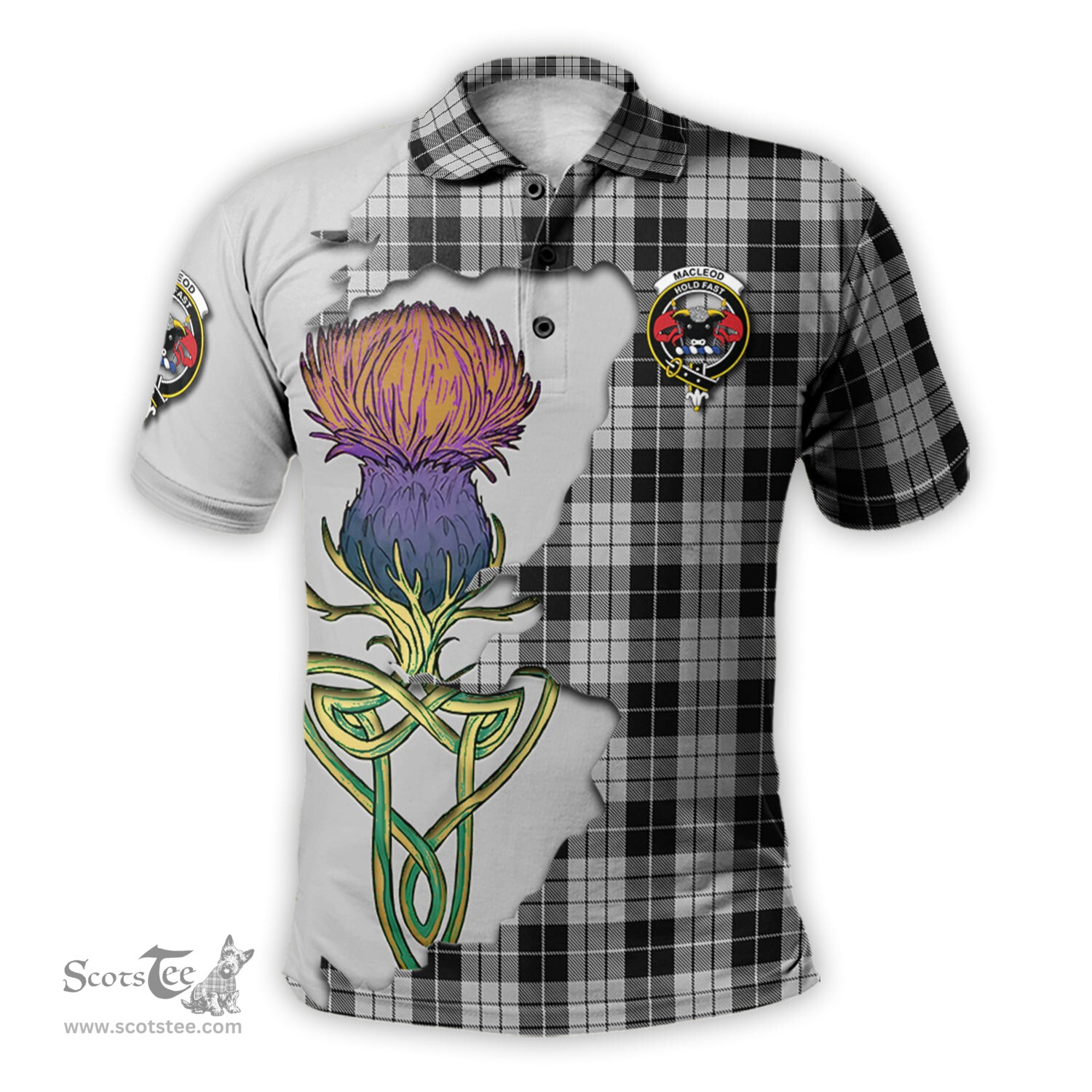 Scottish MacLeod Black and White Clan Tartan with Thistle and Scotland Map Tartan Plaid Polo Shirt Scottish Plaid Tartan Plaid - ScotsTee - scotstee.com
