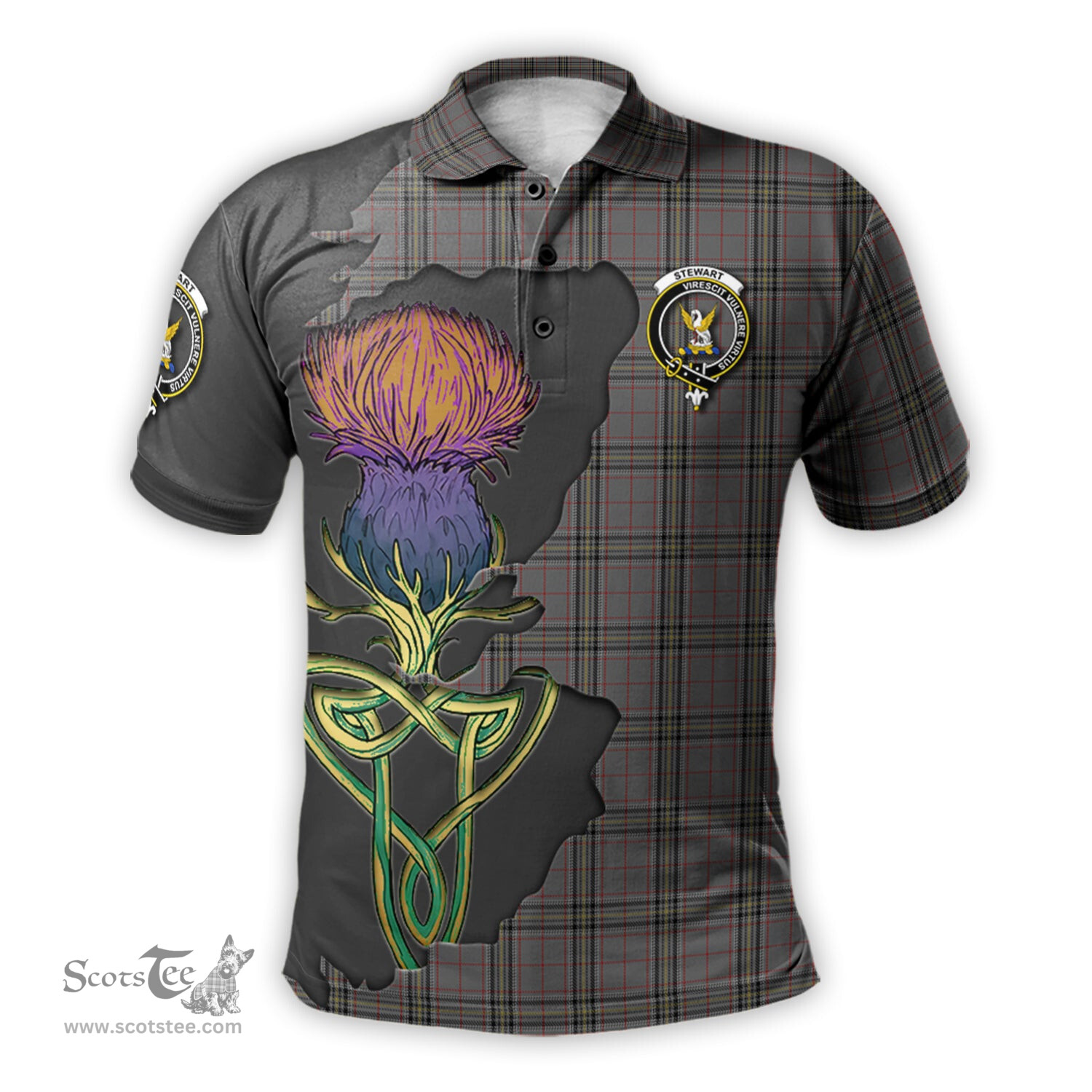 Scottish Stewart Grey Clan Tartan with Thistle and Scotland Map Tartan Plaid Polo Shirt Scottish Plaid Tartan Plaid - ScotsTee - scotstee.com