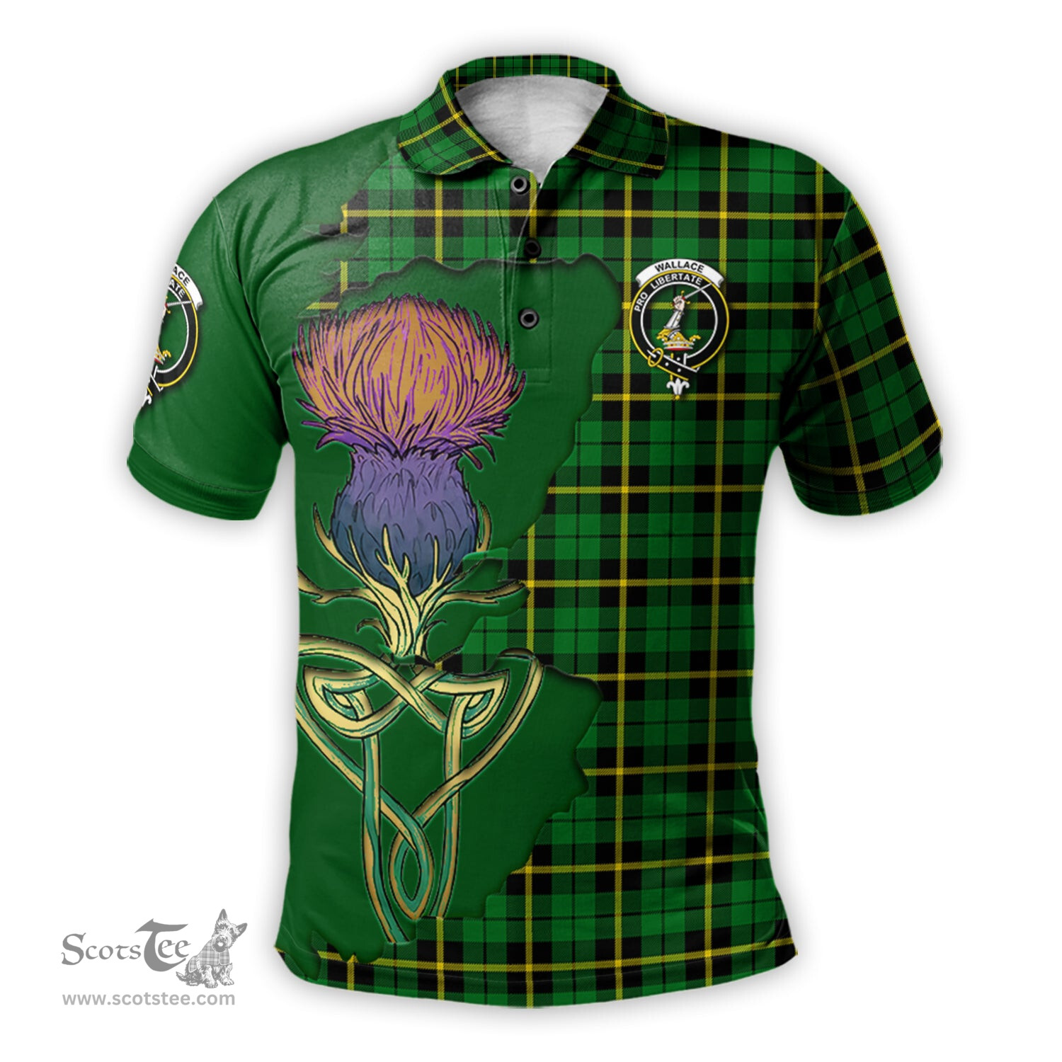 Scottish Wallace Hunting Green Clan Tartan with Thistle and Scotland Map Tartan Plaid Polo Shirt Scottish Plaid Tartan Plaid - ScotsTee - scotstee.com
