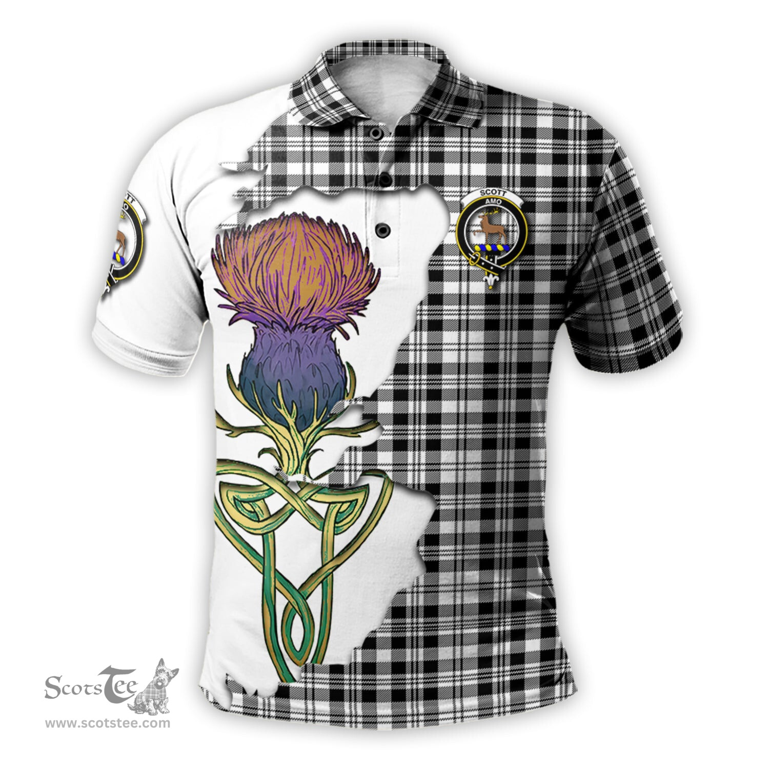 Scottish Scott Black White Clan Tartan with Thistle and Scotland Map Tartan Plaid Polo Shirt Scottish Plaid Tartan Plaid - ScotsTee - scotstee.com
