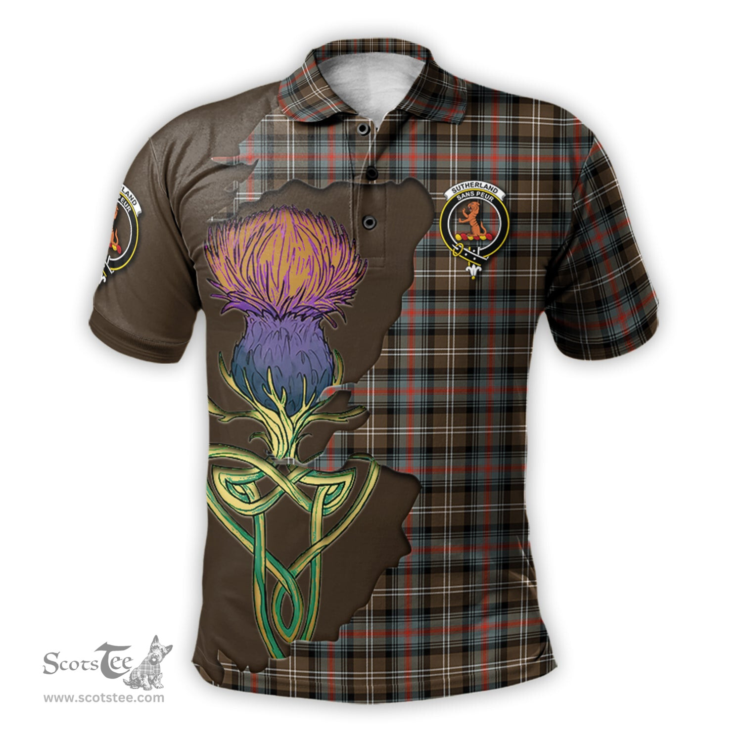 Scottish Sutherland Weathered Clan Tartan with Thistle and Scotland Map Tartan Plaid Polo Shirt Scottish Plaid Tartan Plaid - ScotsTee - scotstee.com