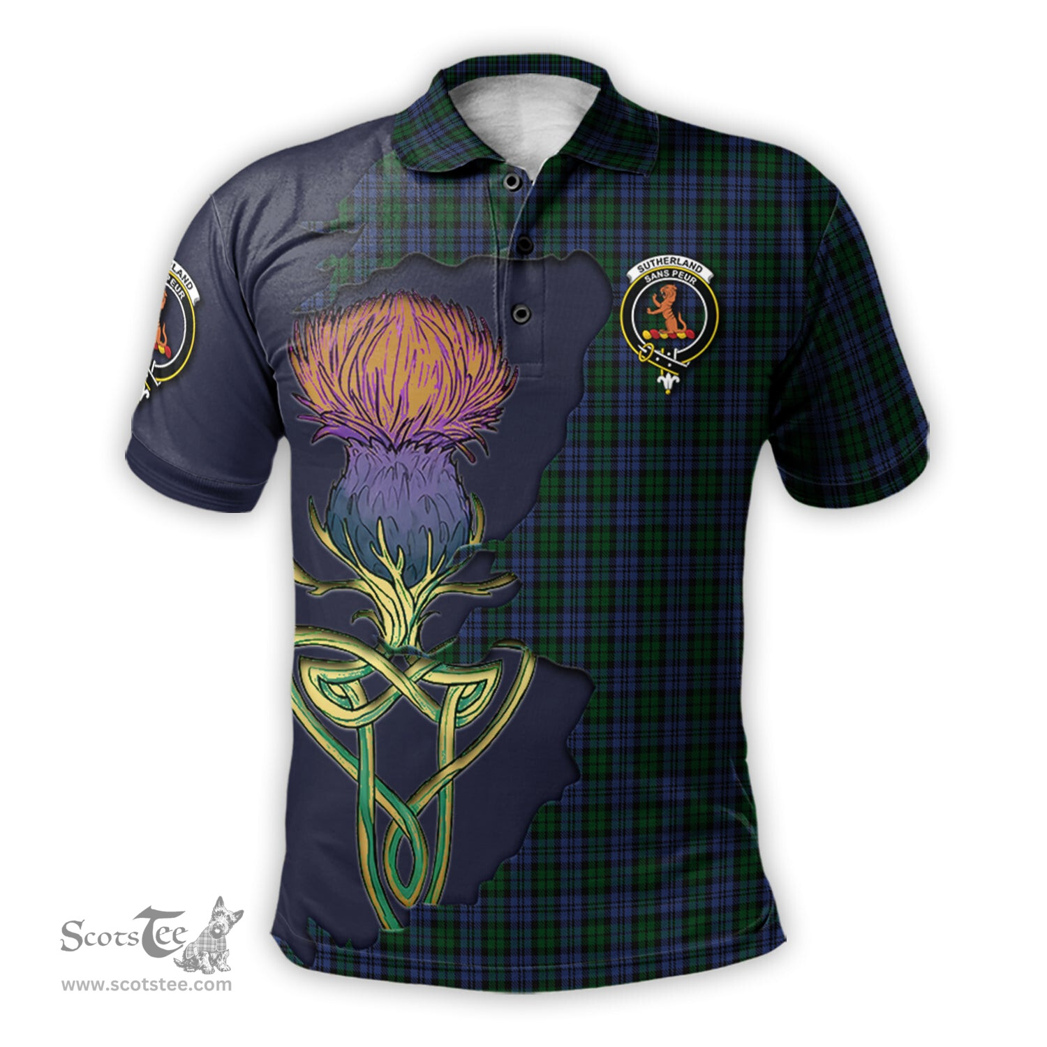 Scottish Sutherland Clan Tartan with Thistle and Scotland Map Tartan Plaid Polo Shirt Scottish Plaid Tartan Plaid - ScotsTee - scotstee.com