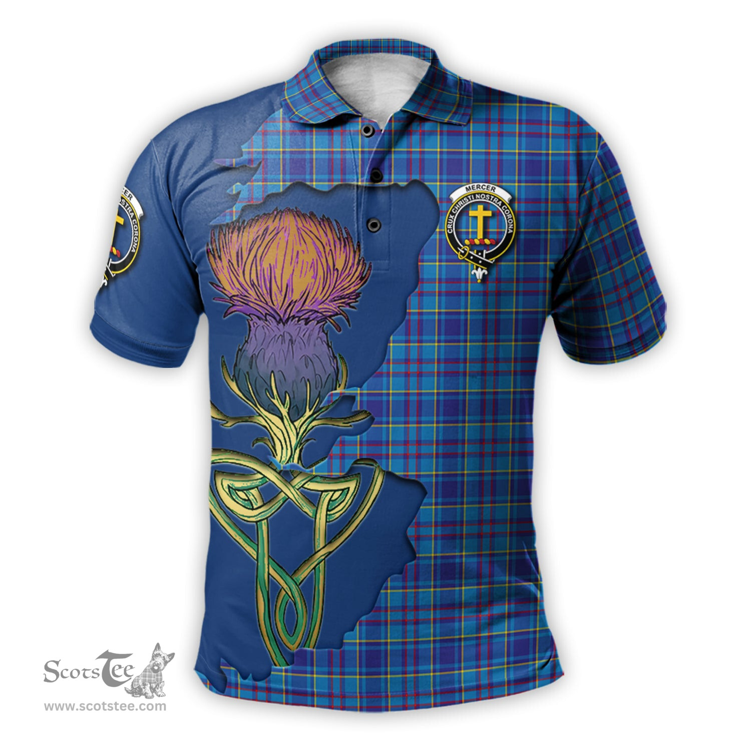 Scottish Mercer Modern Clan Tartan with Thistle and Scotland Map Tartan Plaid Polo Shirt Scottish Plaid Tartan Plaid - ScotsTee - scotstee.com