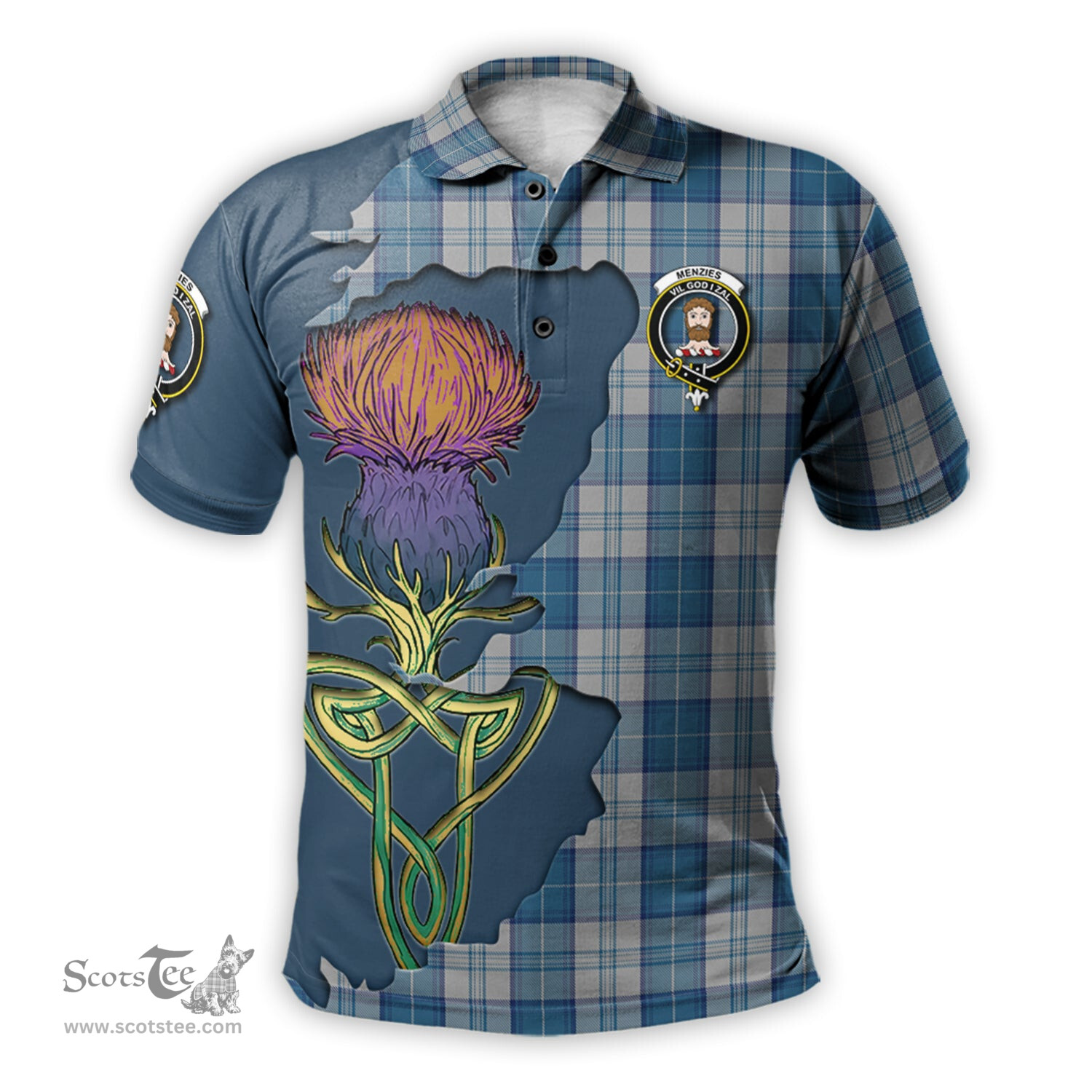 Scottish Menzies Dress Blue and White Clan Tartan with Thistle and Scotland Map Tartan Plaid Polo Shirt Scottish Plaid Tartan Plaid - ScotsTee - scotstee.com