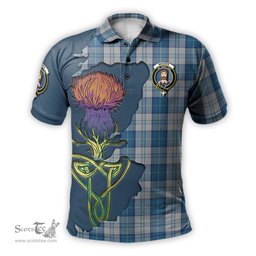 Scottish Menzies Dress Blue and White Clan Tartan with Thistle and Scotland Map Tartan Plaid Polo Shirt Scottish Plaid Tartan Plaid - ScotsTee - scotstee.com