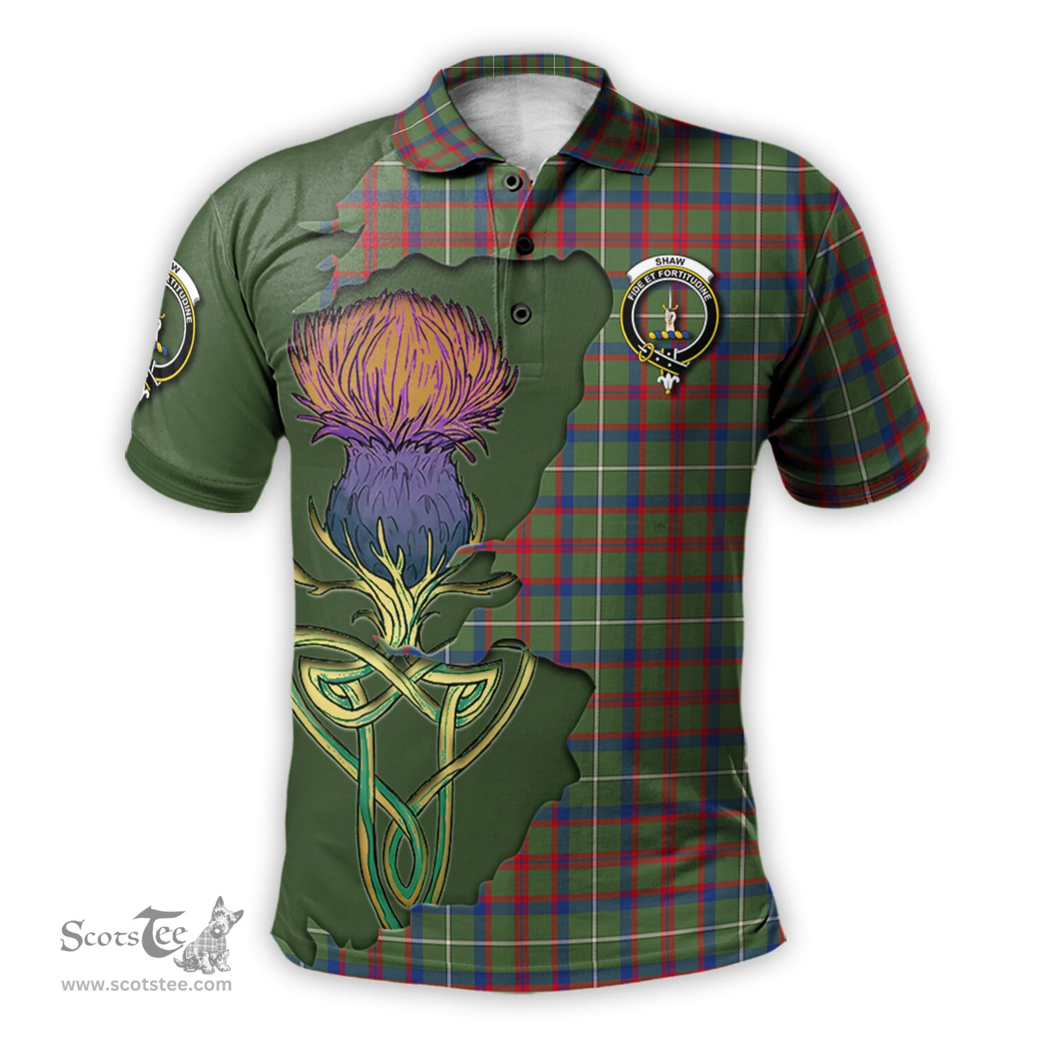 Scottish Shaw Green Modern Clan Tartan with Thistle and Scotland Map Tartan Plaid Polo Shirt Scottish Plaid Tartan Plaid - ScotsTee - scotstee.com