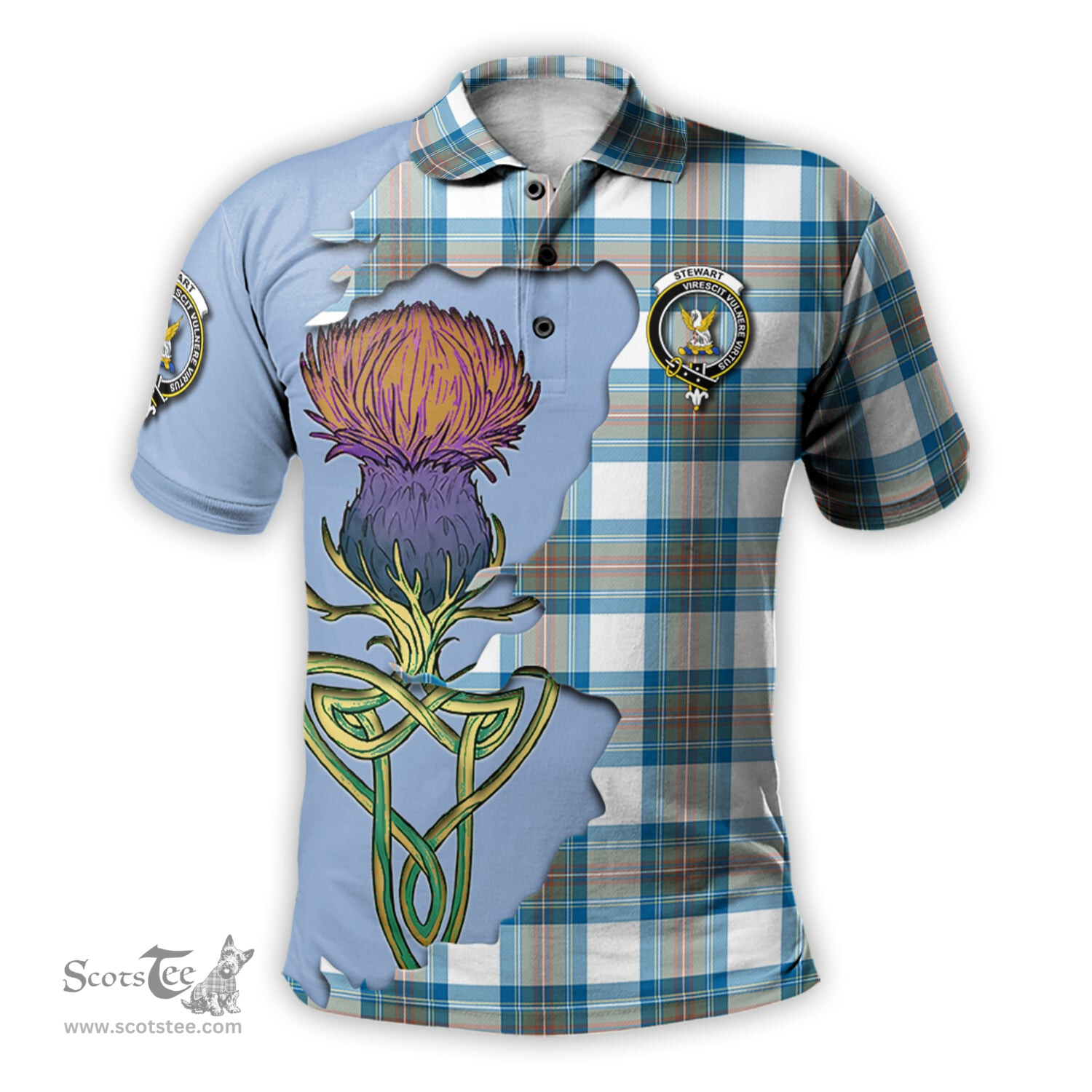 Scottish Stewart Muted Blue Clan Tartan with Thistle and Scotland Map Tartan Plaid Polo Shirt Scottish Plaid Tartan Plaid - ScotsTee - scotstee.com