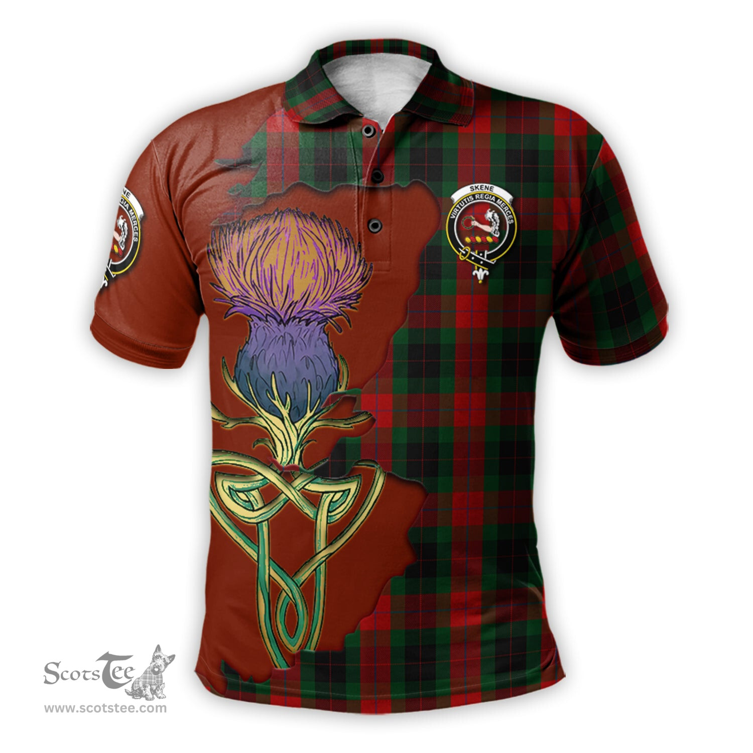Scottish Skene of Cromar Black Clan Tartan with Thistle and Scotland Map Tartan Plaid Polo Shirt Scottish Plaid Tartan Plaid - ScotsTee - scotstee.com