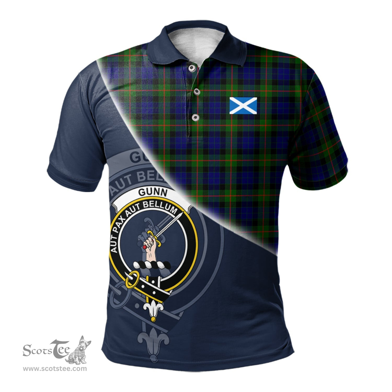 Scottish Gunn Modern Clan Scotland Golf Plaid Polo Shirt with Scottish Flag Tartan Mens Polo Shirts Scottish Plaid Tartan Plaid - ScotsTee - scotstee.com