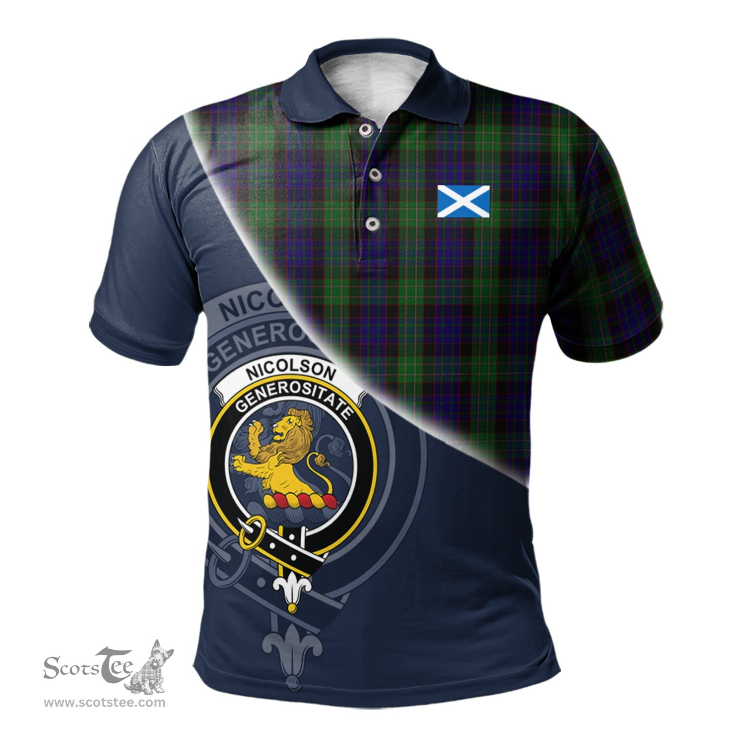 Scottish Nicolson Green Hunting Clan Scotland Golf Plaid Polo Shirt with Scottish Flag Tartan Mens Polo Shirts Scottish Plaid Tartan Plaid - ScotsTee - scotstee.com