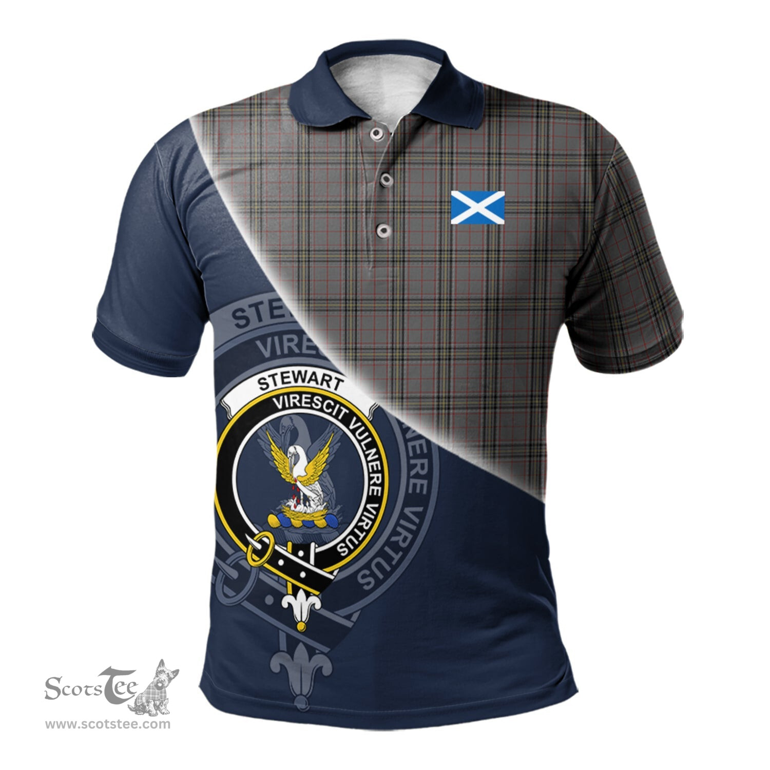 Scottish Stewart Grey Clan Scotland Golf Plaid Polo Shirt with Scottish Flag Tartan Mens Polo Shirts Scottish Plaid Tartan Plaid - ScotsTee - scotstee.com