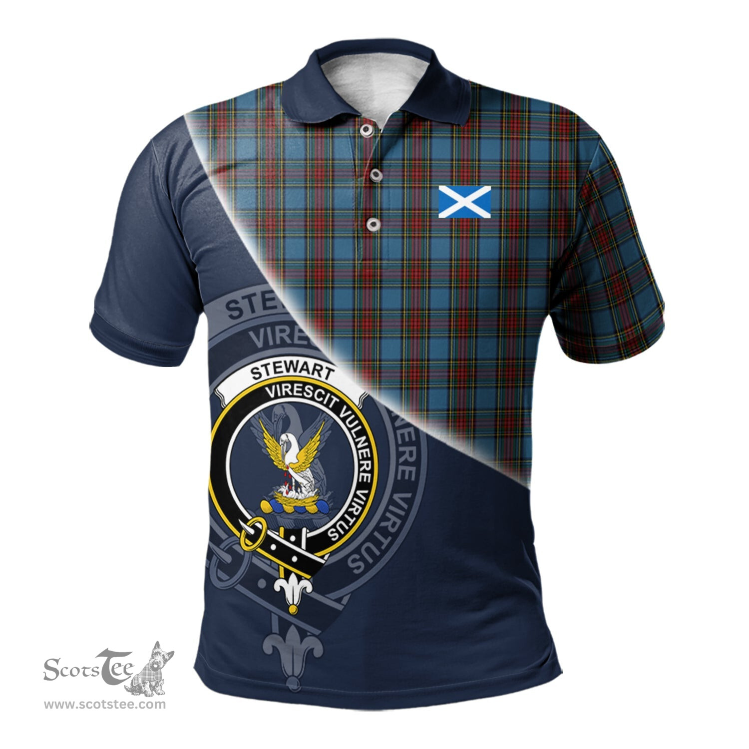 Scottish Stewart Royal Blue Clan Scotland Golf Plaid Polo Shirt with Scottish Flag Tartan Mens Polo Shirts Scottish Plaid Tartan Plaid - ScotsTee - scotstee.com