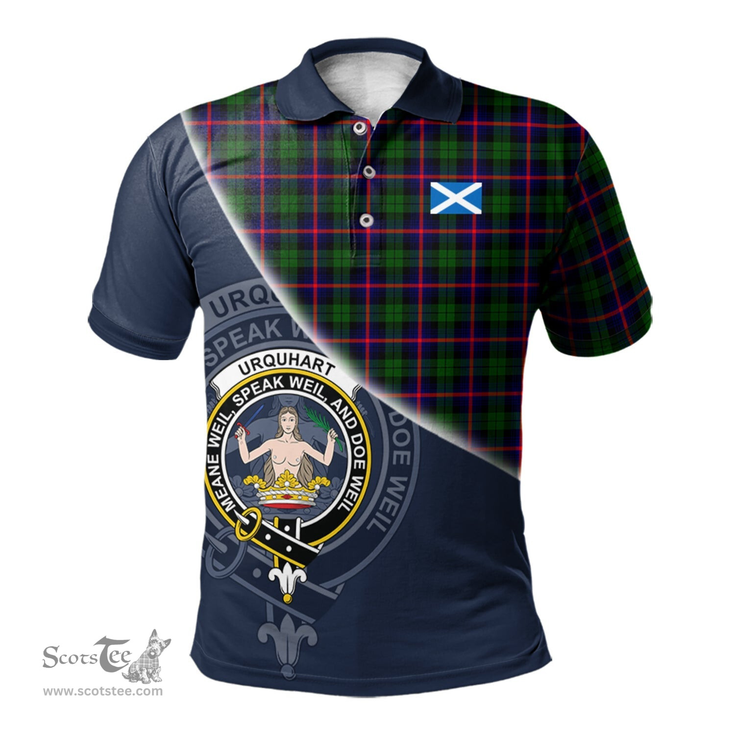 Scottish Urquhart Modern Clan Scotland Golf Plaid Polo Shirt with Scottish Flag Tartan Mens Polo Shirts Scottish Plaid Tartan Plaid - ScotsTee - scotstee.com