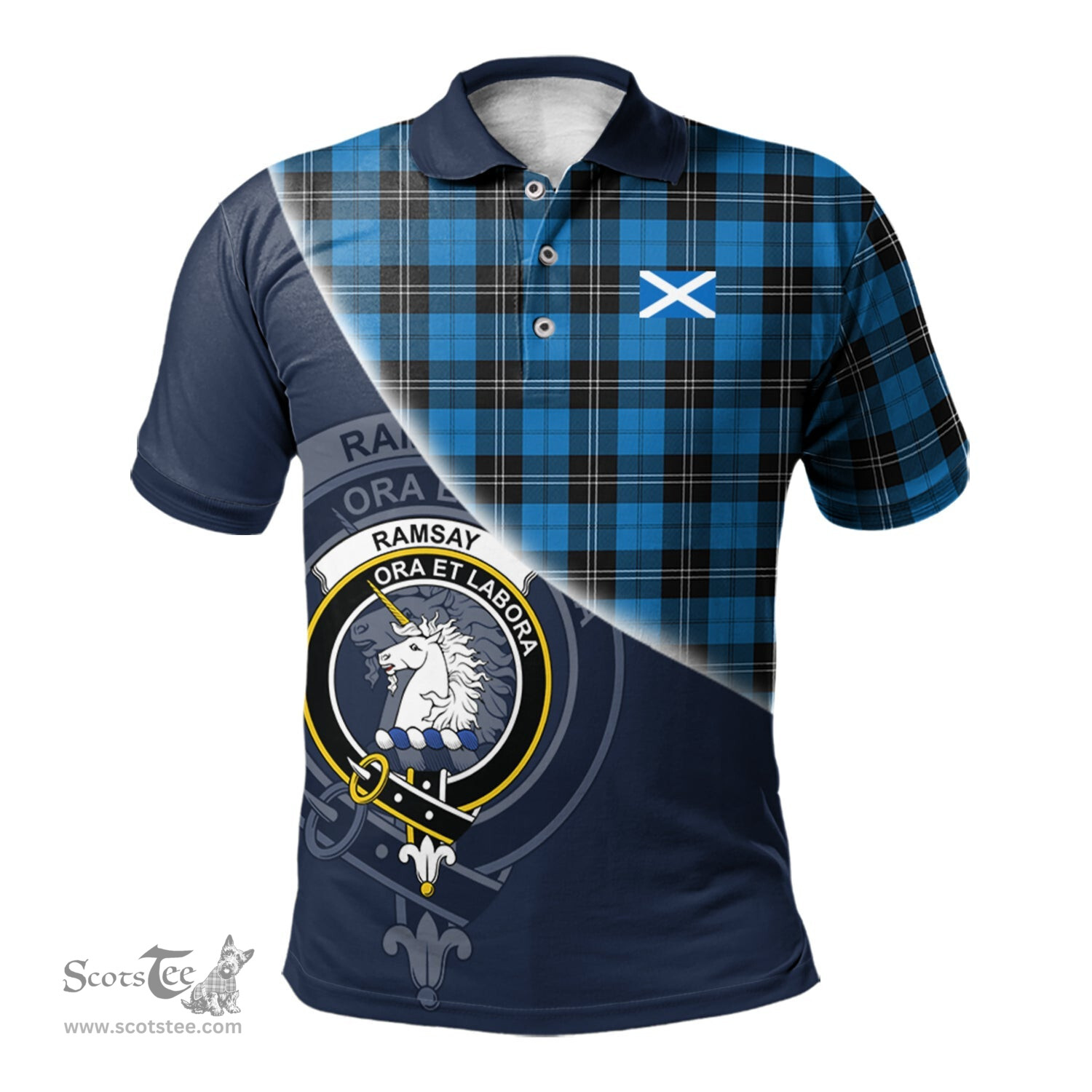 Scottish Ramsay Blue Ancient Clan Scotland Golf Plaid Polo Shirt with Scottish Flag Tartan Mens Polo Shirts Scottish Plaid Tartan Plaid - ScotsTee - scotstee.com