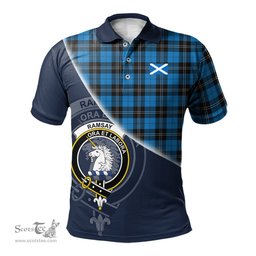 Scottish Ramsay Blue Ancient Clan Scotland Golf Plaid Polo Shirt with Scottish Flag Tartan Mens Polo Shirts Scottish Plaid Tartan Plaid - ScotsTee - scotstee.com