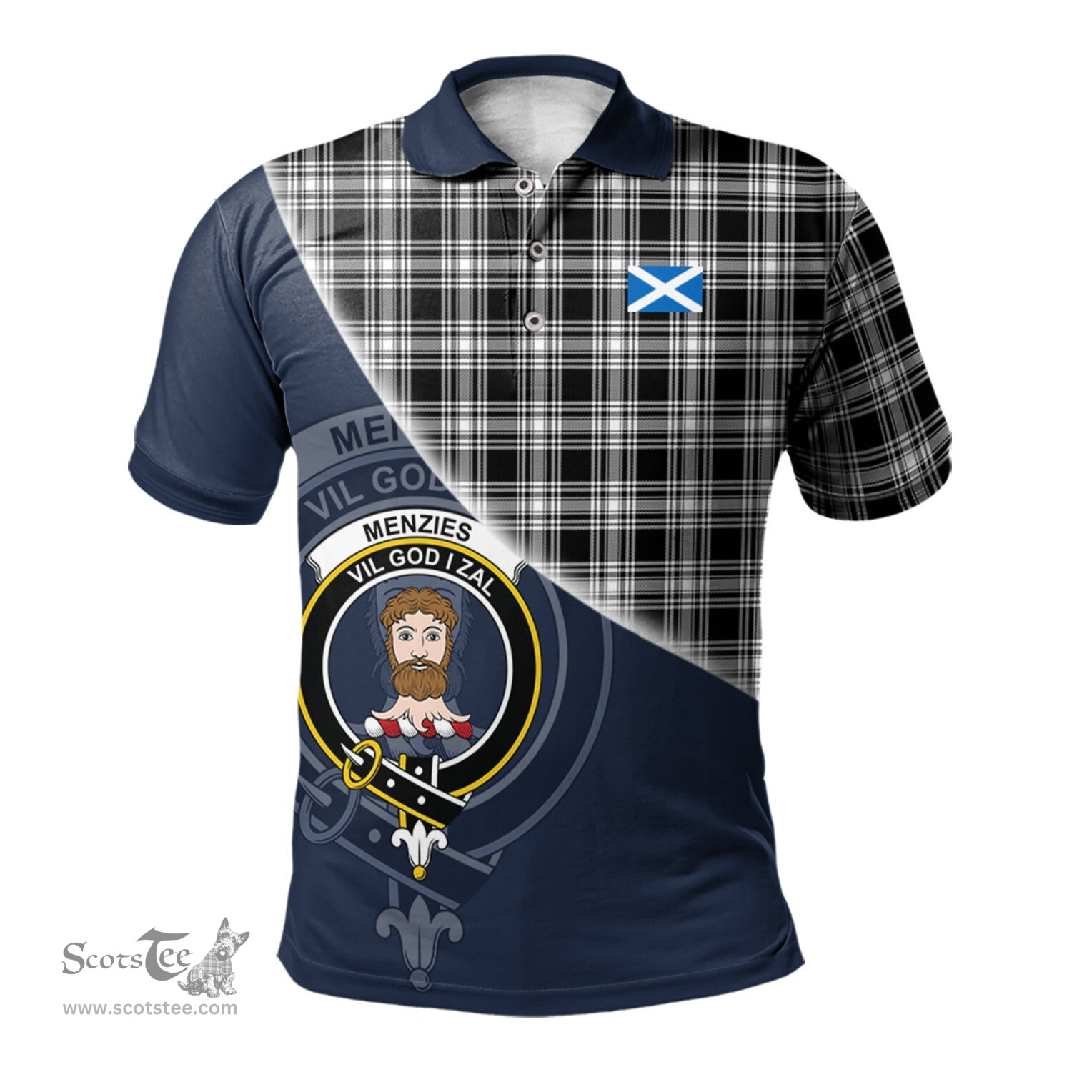 Scottish Menzies Black and White Clan Scotland Golf Plaid Polo Shirt with Scottish Flag Tartan Mens Polo Shirts Scottish Plaid Tartan Plaid - ScotsTee - scotstee.com
