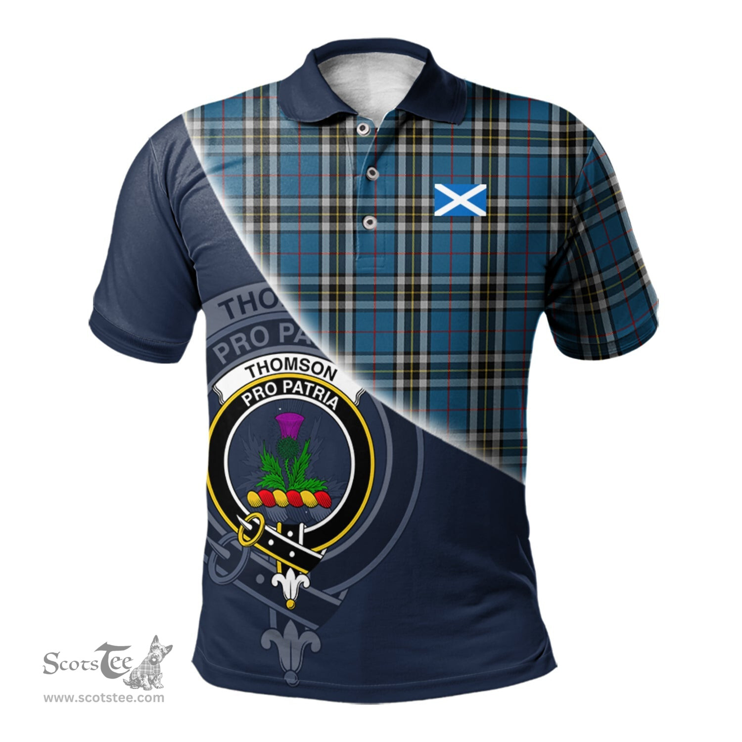 Scottish Thomson Dress Blue Clan Scotland Golf Plaid Polo Shirt with Scottish Flag Tartan Mens Polo Shirts Scottish Plaid Tartan Plaid - ScotsTee - scotstee.com