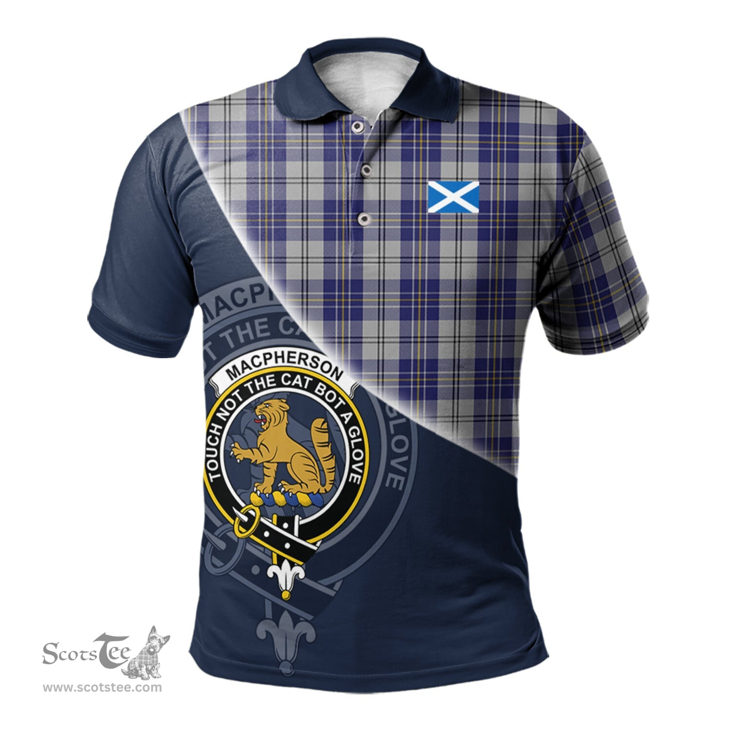 Scottish MacPherson Dress Blue Clan Scotland Golf Plaid Polo Shirt with Scottish Flag Tartan Mens Polo Shirts Scottish Plaid Tartan Plaid - ScotsTee - scotstee.com