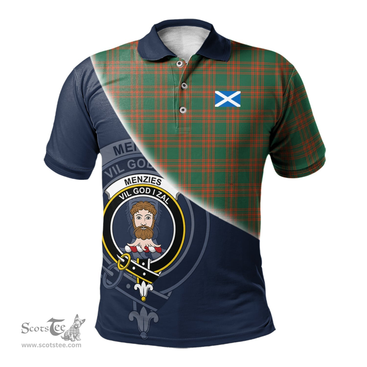 Scottish Menzies Green Ancient Clan Scotland Golf Plaid Polo Shirt with Scottish Flag Tartan Mens Polo Shirts Scottish Plaid Tartan Plaid - ScotsTee - scotstee.com