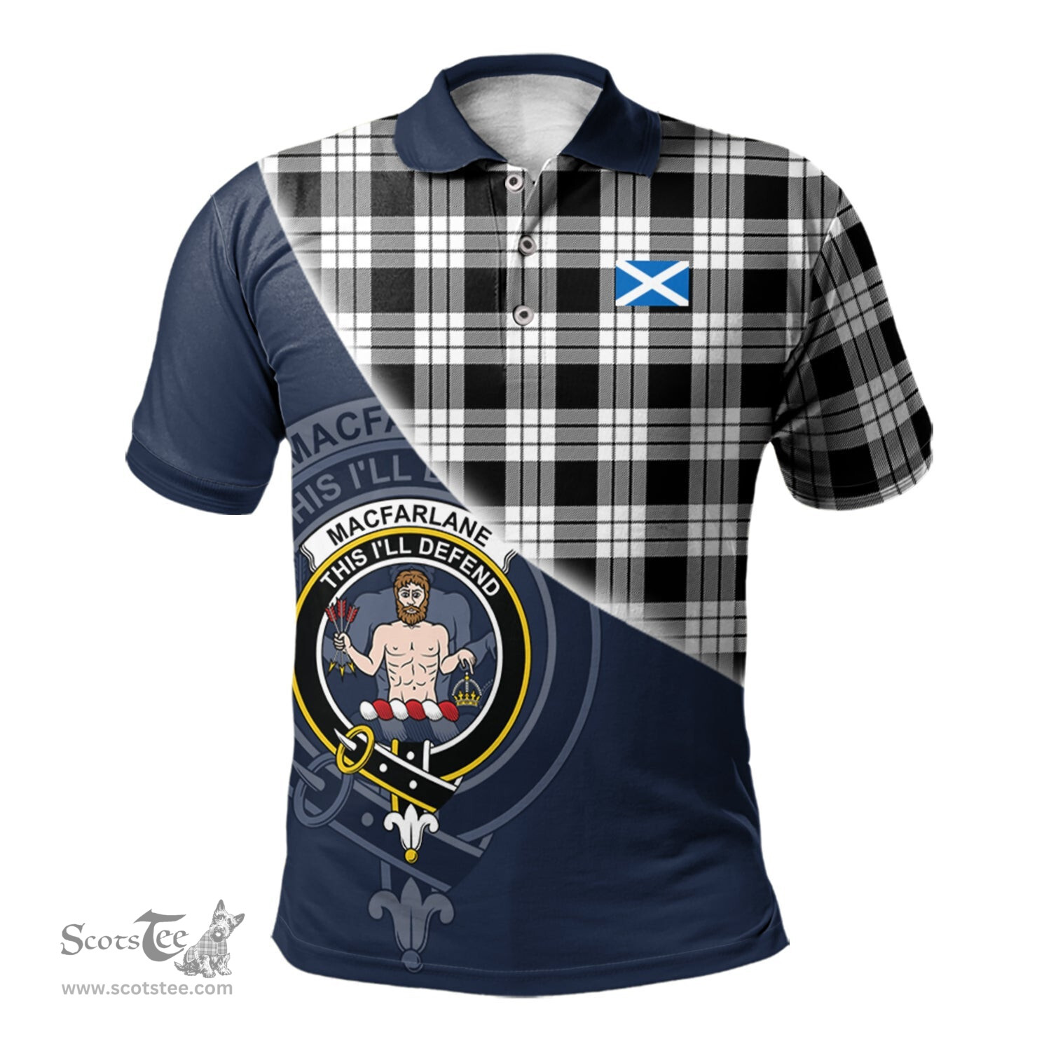 Scottish MacFarlane Black White Clan Scotland Golf Plaid Polo Shirt with Scottish Flag Tartan Mens Polo Shirts Scottish Plaid Tartan Plaid - ScotsTee - scotstee.com